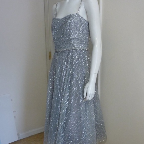 Marchesa Notte Silver Beaded Glitter Tulle Sparkling Tea Length Gown NWT - Picture 11 of 14